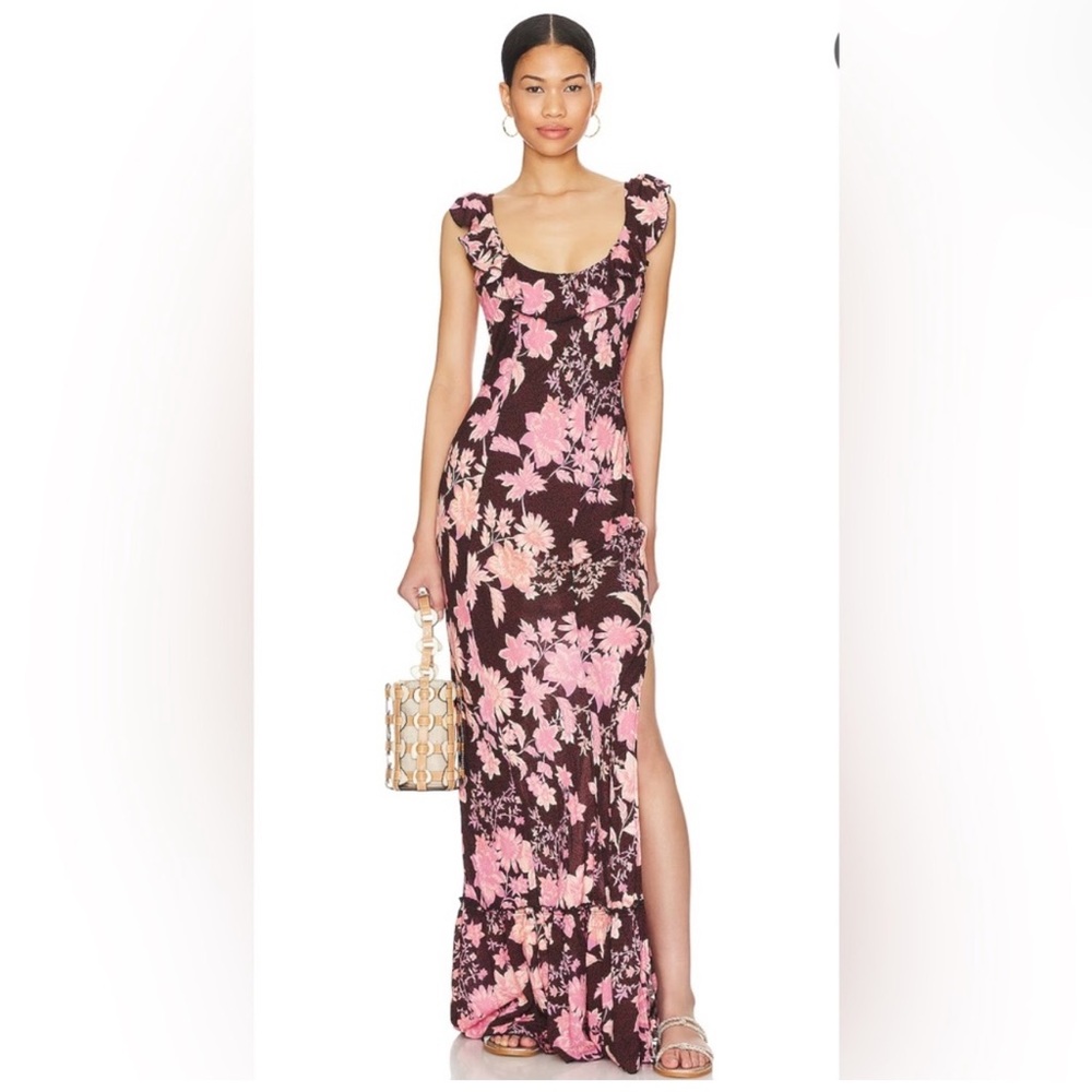 Free People Pink Floral Maxi Dress on Chocolate Background